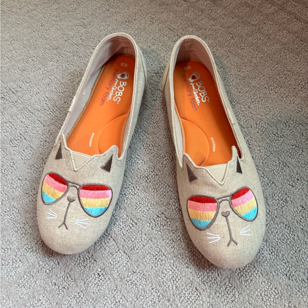 BOBS by Skechers Cat Face Slip-On Flats in Beige with Rainbow Sunglasses 10 - Picture 2 of 7